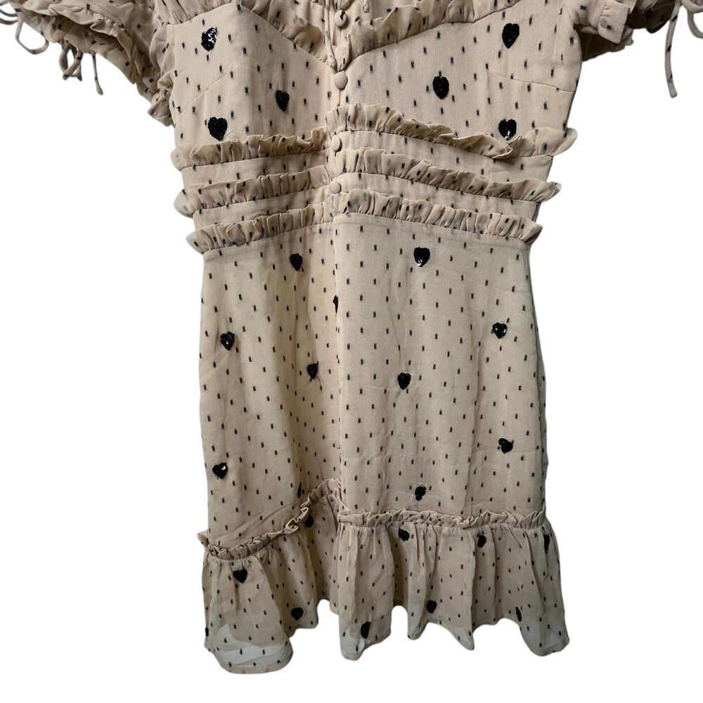 NBD Cherry Pie Mini Dress Sz M Nude Black Polka Dot Sequin Heart Ruffle Revolve - Picture 8 of 13